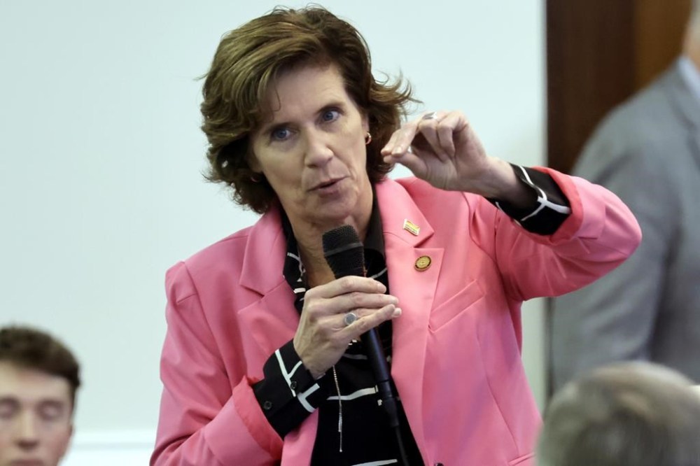 Sen. Natasha Marcus, D-Mecklenburg, speaks on the Senate redistricting bill under consideration at the Legislative Building, Tuesday, Oct. 24, 2023, in Raleigh, N.C. (AP Photo/Chris Seward)