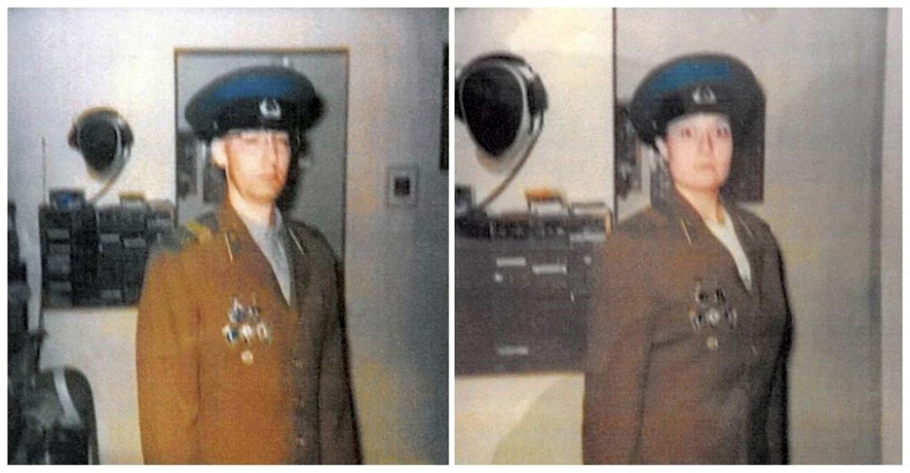 FILE - This combination of undated photos provided by the United States District Court District of Hawaii shows Walter Glenn Primose, left, also known as Bobby Fort, and his wife Gwynn Darle Morrison, also known as Julie Montague, wearing KGB, the former Russian spy agency, uniforms. There was no mention of Russian spy intrigue during the opening of a trial Tuesday, Oct. 24, 2023, for the Hawaii couple accused of fraudulently living for decades under stolen identities of dead babies. Polaroids of the couple wearing the uniforms thrust what seemed like an ordinary identity theft case into the headlines when they were arrested last year. (United States District Court District of Hawaii via AP, File)
