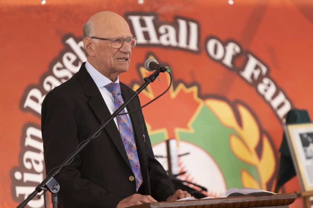 Jacques Doucet speaks at the 2023 Canadian Baseball Hall of Fame induction ceremony in St. Marys, Ont., on Saturday, June 17, 2023. THE CANADIAN PRESS/Nicole Osborne.