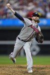 Atlanta Braves relief pitcher Pierce Johnson throws during the seventh inning of Game 4 of a baseball NL Division Series against the Philadelphia Phillies Thursday, Oct. 12, 2023, in Philadelphia. (AP Photo/Matt Rourke)