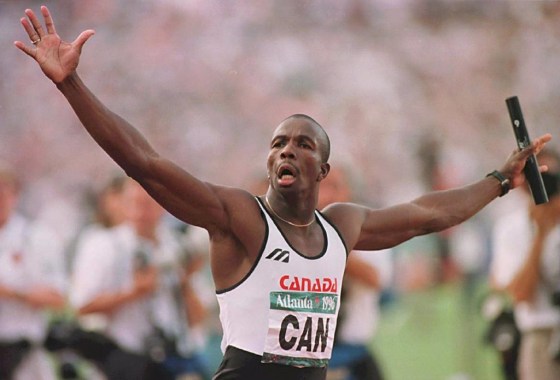 Donovan Bailey after winning the Olympic gold medal in the men's 4x100 metre relay final at the 1996 Summer Olympic Games. (STF /Paul Chiasson / The Canadian Press files)