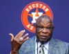 Houston Astros manager Dusty Baker Jr. holds up his Houston Astros World Series ring as he answers questions during a baseball press conference announcing his retirement, Thursday, Oct. 26, 2023, at Minute Maid Park in Houston. (Karen Warren/Houston Chronicle via AP)