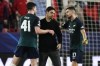 Arsenal's manager Mikel Arteta, center, Arsenal's Jorginho, right, and Arsenal's Declan Rice react after the Champions League Group B soccer match between Sevilla and Arsenal at the Ramon Sanchez-Pizjuan stadium in Seville, Spain, Tuesday Oct. 24, 2023. (AP Photo/Jose Breton)