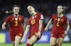 Spain's Jennyfer Hermoso, left, celebrates scoring during the Nations League women's soccer match between Italy and Spain at the Arechi stadium in Salerno, Italy, Friday, Oct. 27, 2023. (Alessandro Garofalo/LaPresse via AP)