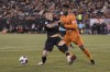 Cavalry FC forward Myer Bevan (left) fights for the ball with Forge FC defender Manjrekar James (5) during first half Canadian Premier League finals soccer action in Hamilton on Saturday, Oct. 28, 2023. THE CANADIAN PRESS/Nick Iwanyshyn