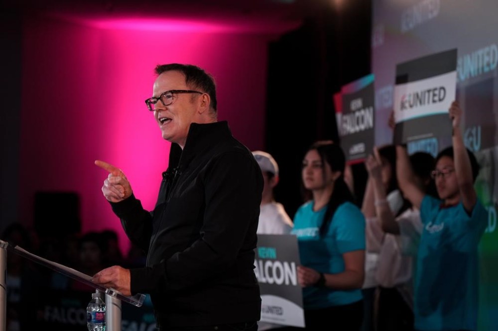 Opposition BC United Leader Kevin Falcon is promising to immediately cut British Columbian's carbon tax on all fuels and halt planned future increases if elected government next year. Falcon speaks in Surrey, B.C., on Wednesday, April 12, 2023. THE CANADIAN PRESS/Darryl Dyck