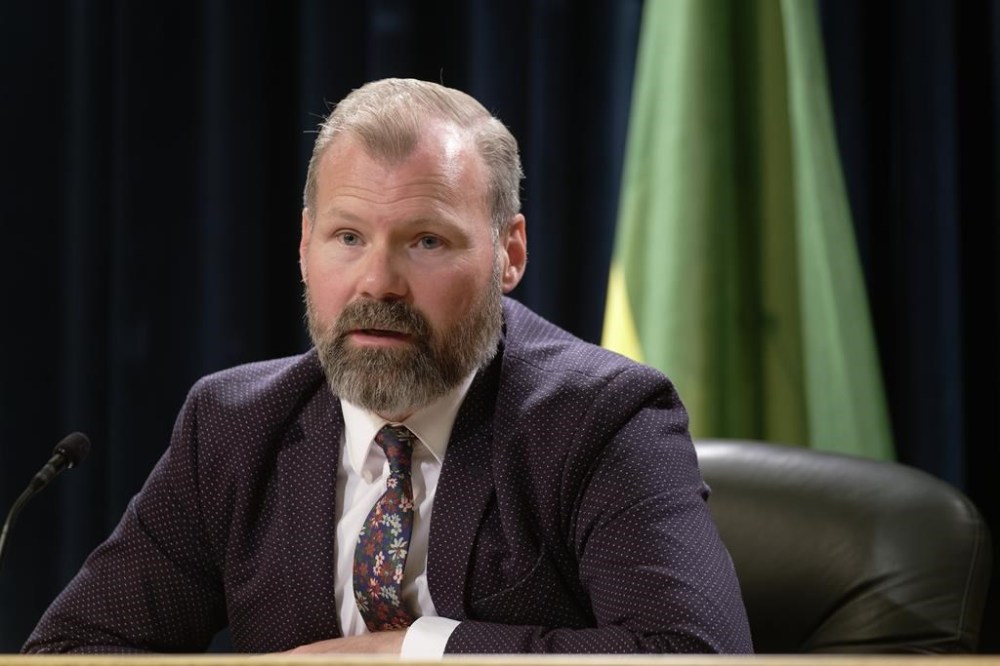 Dustin Duncan, Dustin Duncan, the minister responsible for SaskEnergy, speaks during a policy announcement at the Legislative Building in Regina on Tuesday, Aug. 22, 2023. THE CANADIAN PRESS/Michael Bell