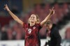 Canada's Jordyn Huitema, 9, celebrates her team's win over Jamaica in CONCACAF women's championship soccer series match in Toronto on Tuesday Sept. 26, 2023. THE CANADIAN PRESS/Nathan Denette