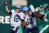 Toronto Argonauts quarterback Chad Kelly (12) throws against Saskatchewan Roughriders during the first half of CFL football action in Regina, Sask., on Saturday, October 21, 2023. Record-setting Kelly and rushing leader Brady Oliveira are the finalists for the CFL's outstanding player award. THE CANADIAN PRESS/Heywood Yu