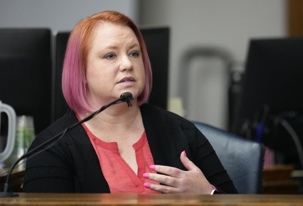 Hilary Rudy, deputy director, elections division, Colorado Department of State, testifies during a hearing for a lawsuit to keep former President Donald Trump off the state ballot in court Wednesday, Nov. 1, 2023, in Denver. (AP Photo/Jack Dempsey, Pool)
