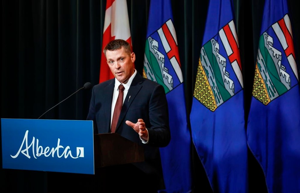 The Alberta government has introduced legislation promising citizens will get a say in a referendum on leaving the Canada Pension Plan. Alberta finance minister Nate Horner speaks to the media at a news conference in Calgary on Thursday, June 29, 2023. THE CANADIAN PRESS/Jeff McIntosh