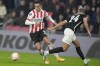 FILE - Then-PSV's and currently Bundesliga's Mainz player Anwar El Ghazi, left, scores his side's fifth goal during the Europa League group A soccer match between PSV and Zurich at the Philips stadium in Eindhoven, Netherlands, on Oct. 13, 2022. German soccer club Mainz terminated the contract of Dutch forward Anwar El Ghazi on Friday Nov. 3, 2023 following his social media posts about the Israel-Hamas war. (AP Photo/Peter Dejong, File)