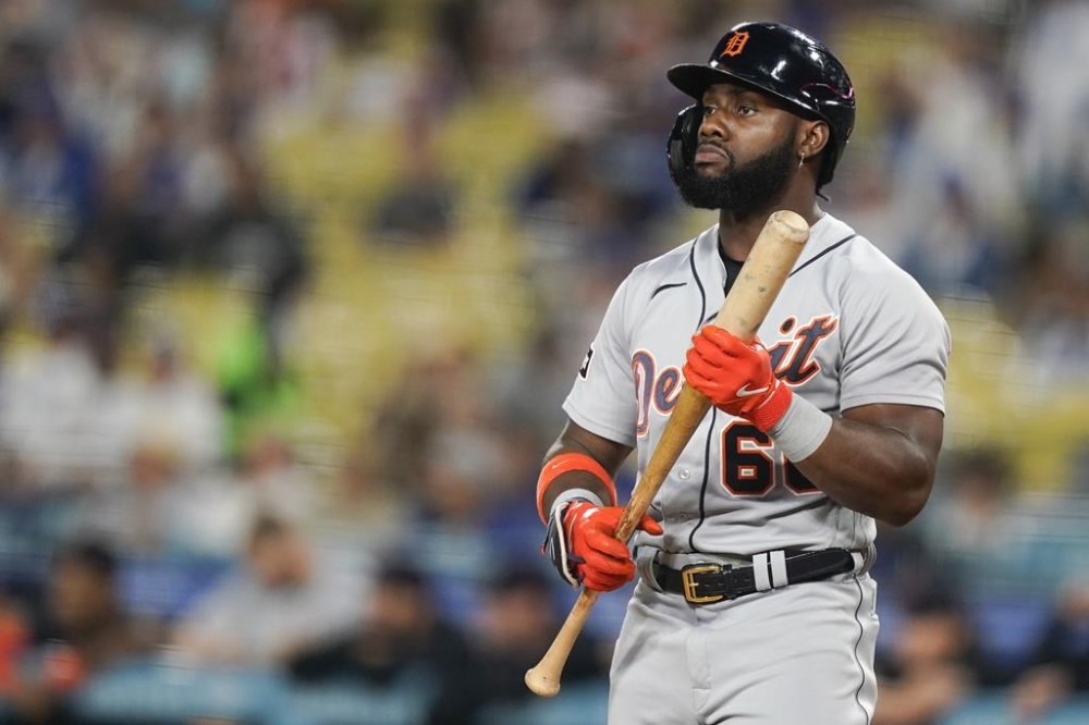 FILE - Detroit Tigers' Akil Baddoo reacts after a swinging strike during the first inning of a baseball game against the Los Angeles Dodgers, Monday, Sept. 18, 2023, in Los Angeles. Miami outfielder Jesús Sánchez, New York Yankees reliever Albert Abreu and Detroit outfielder Akil Baddoo were the last of 24 players who made the cutoff for salary arbitration, which was set at 2 years, 118 days of major league service, down from 2 years, 128 days last offseason. (AP Photo/Ryan Sun, File)