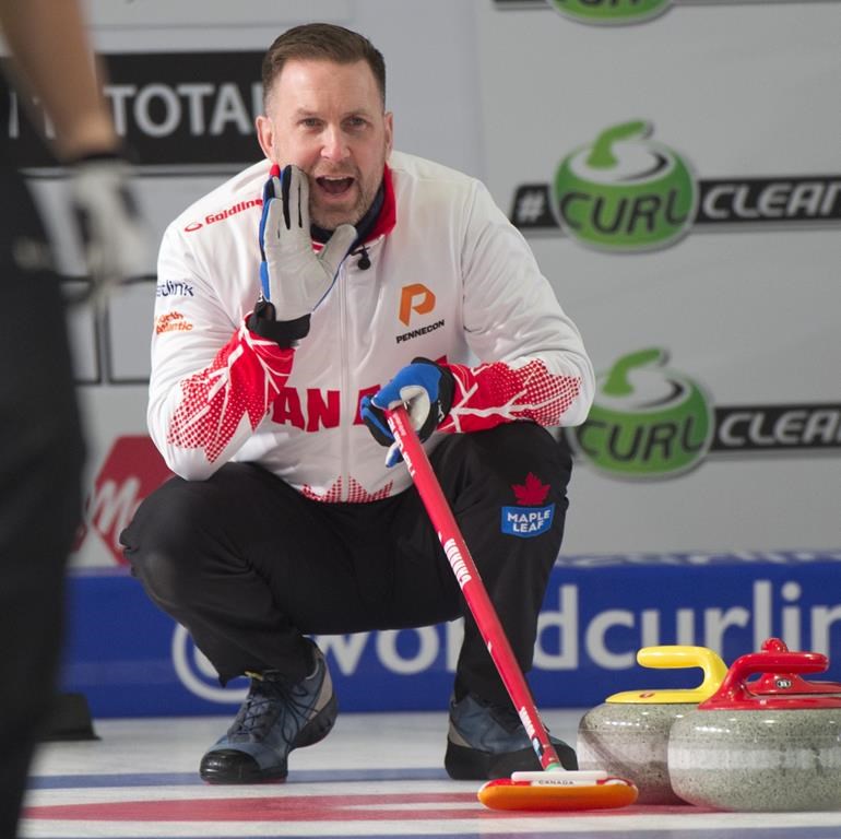 Canada skip Brad Gushue calls out during men's draw seven action against Australia at the Pan Continental Curling Championship in Kelowna, B.C. on Wednesday, Nov. 1, 2023. Gushue advanced to the men's final with an 8-3 win over Andrew Stopera of the United States on Friday. THE CANADIAN PRESS/HO-Michael Burns **MANDATORY CREDIT**