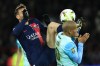 PSG's Fabian Ruiz, left, and Montpellier's Wahbi Khazri challenge for the ball during the French League One soccer match between Paris Saint Germain and Montpellier at Parc des Princes stadium in Paris, France, Friday, Oct. 3, 2023. (AP Photo/Aurelien Morissard)