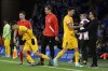 Barcelona's Pedri, left, runs on the field as Barcelona's Robert Lewandowski is substituted during the Spanish La Liga soccer match between Real Sociedad and Barcelona in San Sebastian, Spain, Saturday, Nov. 4, 2023. (AP Photo/Alvaro Barrientos)