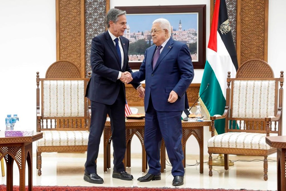 U.S. Secretary of State Antony Blinken meets with Palestinian President Mahmoud Abbas amid the ongoing conflict between Israel and the Palestinian Islamist group Hamas, at the Muqata in Ramallah in the Israeli-occupied West Bank, Sunday, Nov. 5, 2023. (Jonathan Ernst/Pool photo via AP)