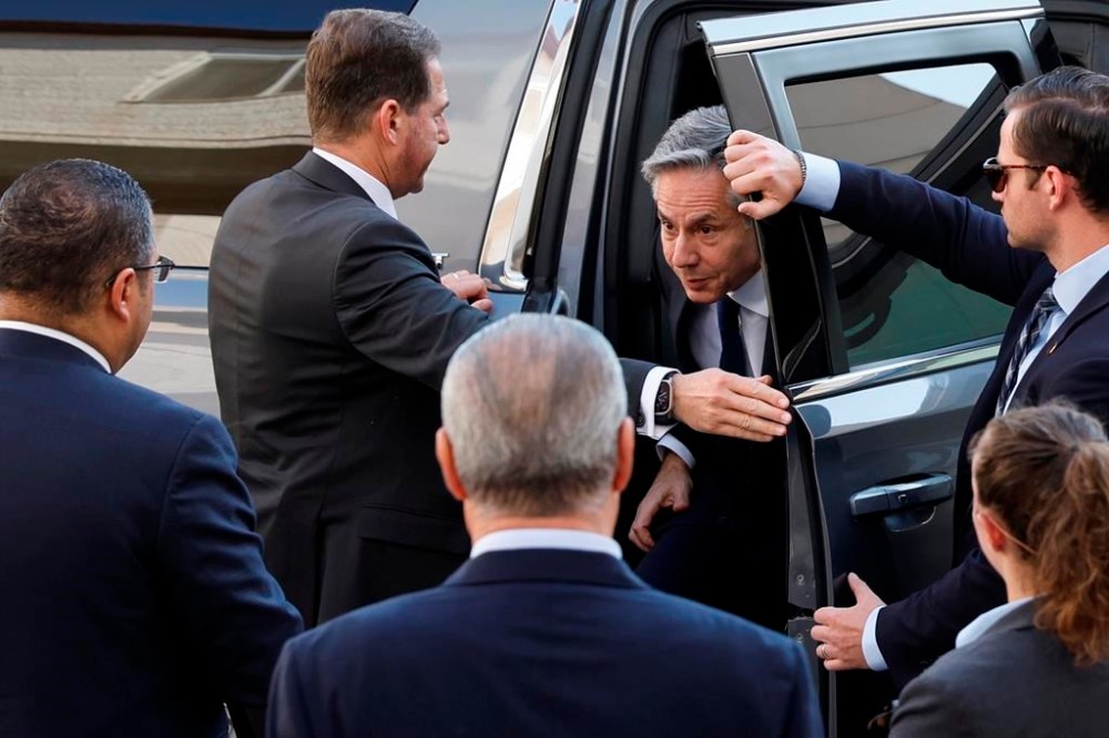 U.S. Secretary of State Antony Blinken arrives to meet with Palestinian President Mahmoud Abbas, amid the ongoing conflict between Israel and the Palestinian Islamist group Hamas, at the Muqata in Ramallah in the Israeli-occupied West Bank, Sunday, Nov. 5, 2023. (Jonathan Ernst/Pool photo via AP)