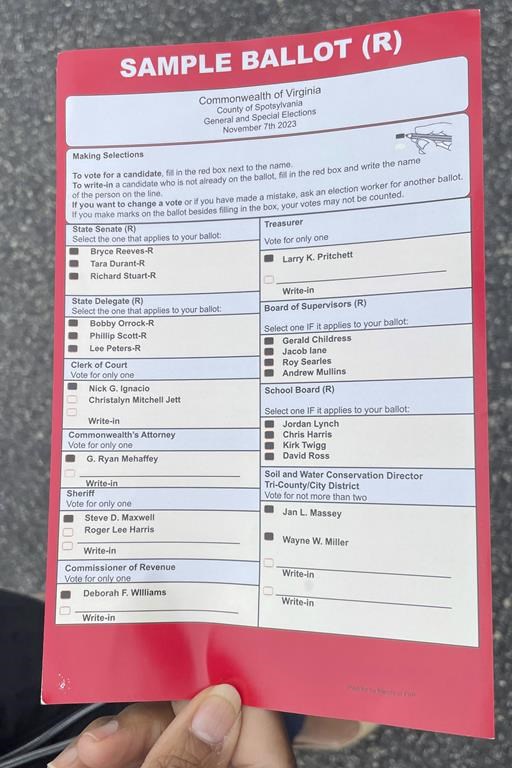 A poll volunteer displays a misleading sample ballot that a candidate for Spotsylvania County clerk of court was handing out at an early voting location in Fredericksburg, Va., Oct. 17, 2023. The red sheet marked
