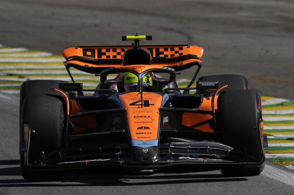 McLaren driver Lando Norris of Britain steers his car during the Brazilian Formula One Grand Prix at the Interlagos race track in Sao Paulo, Brazil, Sunday, Nov. 5, 2023. (AP Photo/Andre Penner)