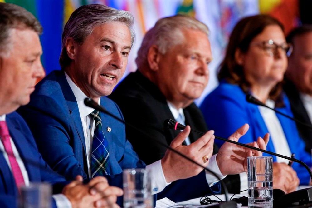 Nova Scotia Prermier Tim Houston speaks to media during the closing news conference at the Council of the Federation Canadian premiers meeting in Winnipeg, Wednesday, July 12, 2023. Houston says health care is the main formal agenda item as he hosts Canada’s 13 premiers and territorial leaders at a meeting in Halifax. THE CANADIAN PRESS/John Woods