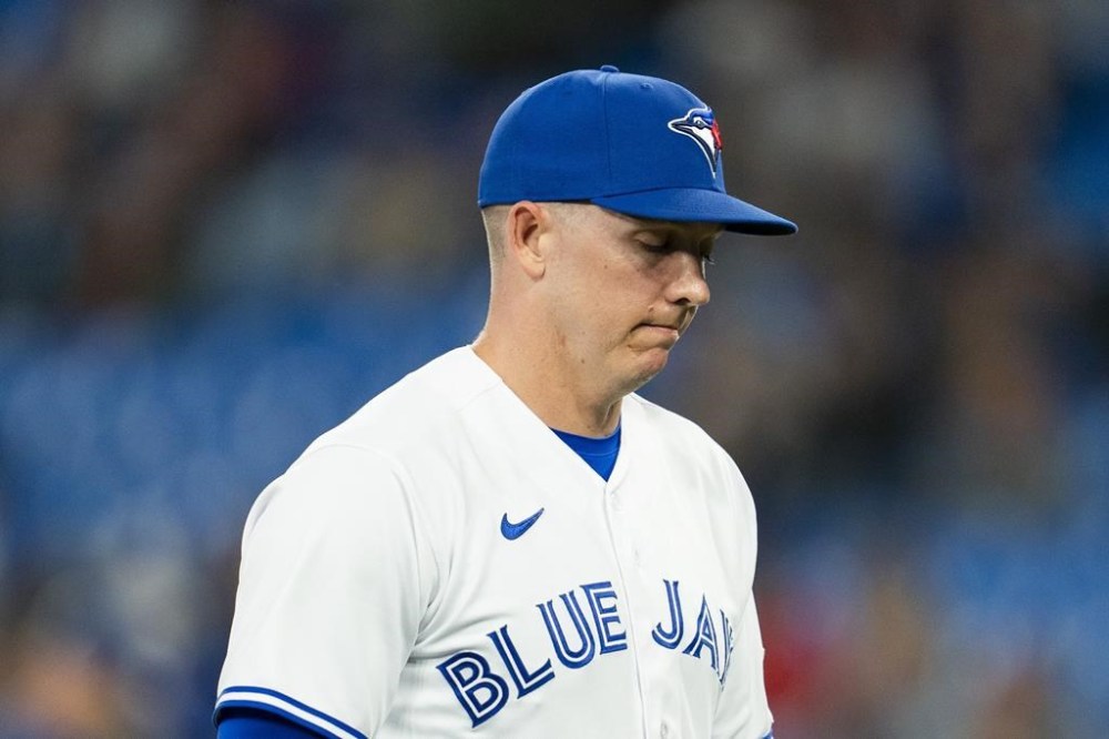 Toronto Blue Jays relief pitcher Chad Green (37) reacts during ninth inning American League MLB baseball action against the Texas Rangers in Toronto, on Wednesday, Sept. 13, 2023. The Blue Jays have exercised their two-year conditional club option on right-hander Green for the 2024 and 2025 seasons.THE CANADIAN PRESS/Spencer Colby