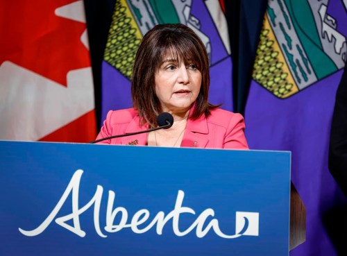Alberta Minister of Health Adriana LaGrange speaks to the media in Calgary on Tuesday, Sept. 12, 2023. She says says the Alberta government is fundamentally restructuring health care because the system 