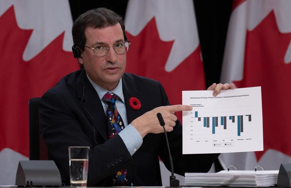 Commissioner of the Environment and Sustainable Development Jerry DeMarco holds a chart showing Canada's performance against G7 countries in reducing greenhouse gas emissions during a news conference Tuesday, Nov. 7, 2023, in Ottawa. THE CANADIAN PRESS/Adrian Wyld