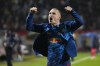 Leipzig's David Raum celebrates after the Group G Champions League soccer match between Red Star Belgrade and RB Leipzig at the Rajko Mitic Stadium in Belgrade, Serbia, Tuesday, Nov. 7, 2023. (AP Photo/Darko Vojinovic)