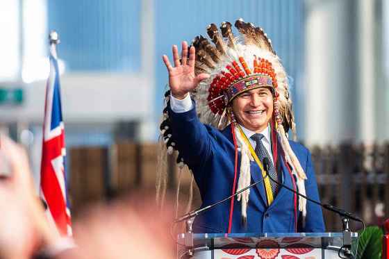 Wab Kinew gives a speech after being sworn in as premier of Manitoba at The Leaf in Winnipeg's Assiniboine Park on Wednesday, Oct. 18, 2023. (Mikaela MacKenzie / Winnipeg Free Press)