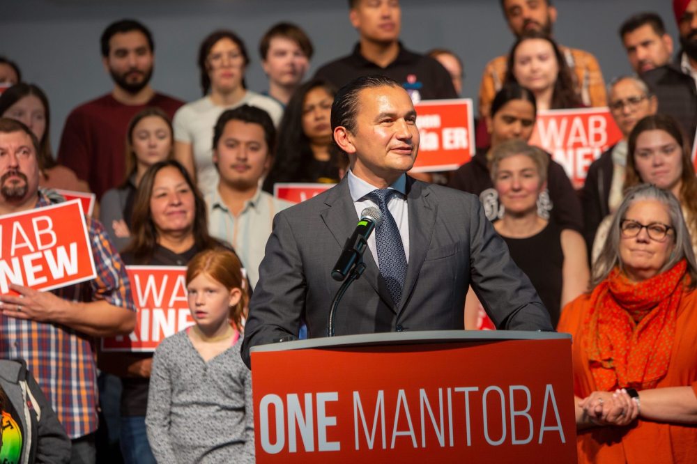 BROOK JONES / WINNIPEG FREE PRESS
Manitoba NDP Party Leader Wab Kinew speaks during a rally at Maples Collegiate in Winnipeg, Sunday. Hundreds of NDP supporters turned up at the rally as Manitobans head to the polls in the Manitoba Provincial Election, Tuesday