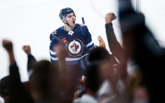 Winnipeg Jets' Dylan DeMelo (2) celebrates his goal against the Florida Panthers during second period NHL action in Winnipeg on Oct. 14. (John Woods / The Canadian Press files)