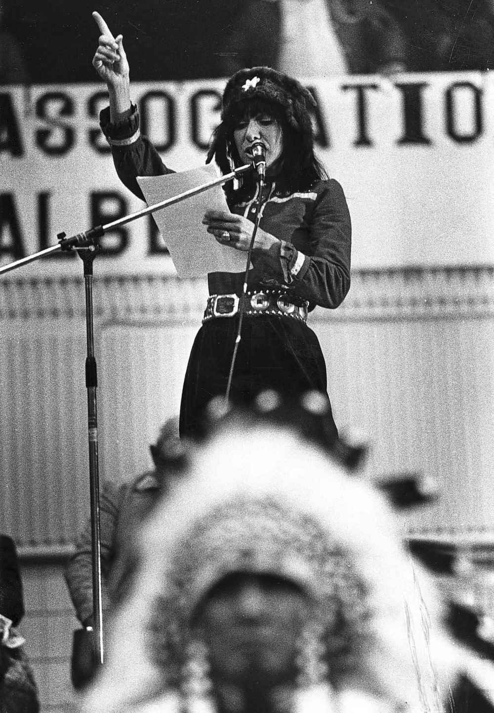 Folksinger Buffy Sainte-Marie speaks at a mass rally of Indigenous people in Edmonton on November 19, 1981, urging people to continue their fight. Saint-Marie advised Indigenous children to look at the elders because they have