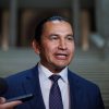 MIKE DEAL / WINNIPEG FREE PRESS
Premier Wab Kinew talks to the media in the Manitoba Legislative building after the swearing in ceremony for NDP MLAs.
231023 - Monday, October 23, 2023.