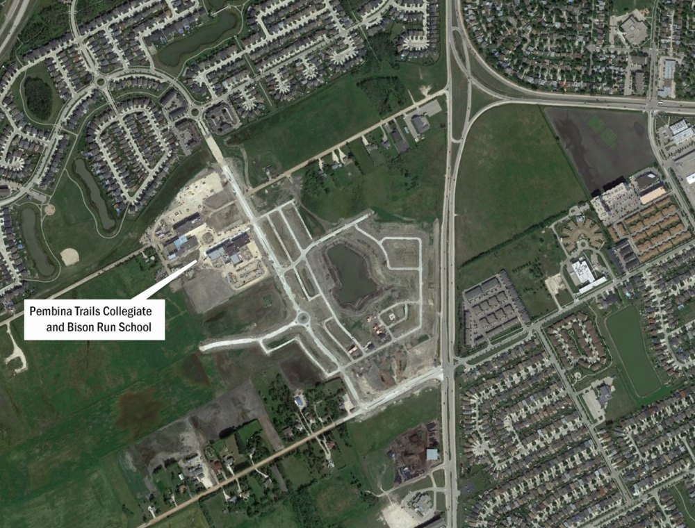 GOOGLE EARTH
Both Pembina Trails Collegiate and Bison Run School opened their doors last month in the middle of an area that will be a neighbourhood eventually, but is now a busy construction zone.