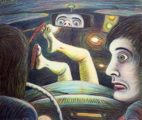 SUPPLIED
                                A panel from the Kevin Mutch graphic novel Fantastic Life shows George West&rsquo;s eyes in the rear-view mirror during a car accident in Winnipeg.