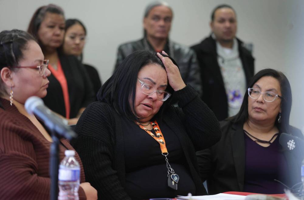 RUTH BONNEVILLE / WINNIPEG FREE PRESS
Jody Beardy, partner of Elias Whitehead, gets emotional as she speaks to the media Thursday.