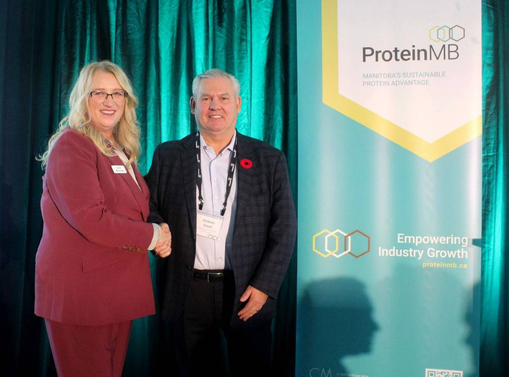 SUPPLIED
Myrna Grahn, executive director of Protein MB, and Dickson Gould, CEO of the Progressive Group of Companies.