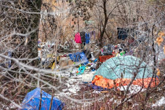 An encampment at Fort Douglas Park on Wednesday which area residents say is packed with trash and the site of open fires started by those hoping to keep warm. (Mikaela MacKenzie / Winnipeg Free Press)