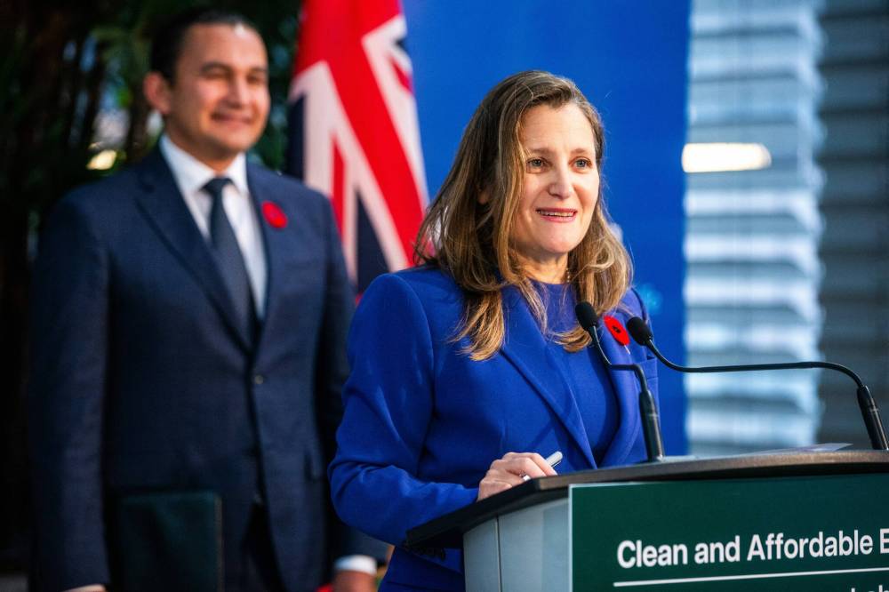 MIKAELA MACKENZIE / WINNIPEG FREE PRESS Canada's deputy prime minister and minister of finance Chrystia Freeland and premier Wab Kinew announced $475.6 million in joint funding to boost Manitoba’s clean electricity grid.