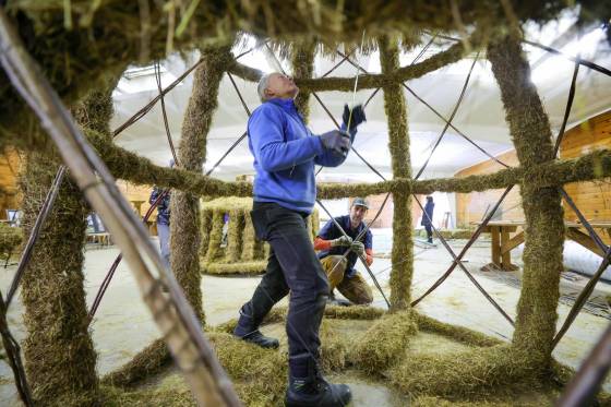 Vytautas Musteikis (front) and Chris Pancoe's six-metre-high sculpture is made of flax straw, tree branches and wire. (Ruth Bonneville / Winnipeg Free Press)