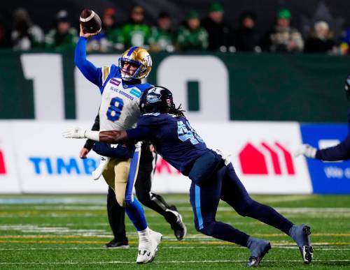 THE CANADIAN PRESS/Paul Chiasson
                                Winnipeg Blue Bombers quarterback Zach Collaros (8) throws the ball while under pressure from Toronto Argonauts defensive lineman Robbie Smith (40) during second half action at the 109th Grey Cup at Mosaic Stadium in Regina, Sunday, Nov. 20, 2022.