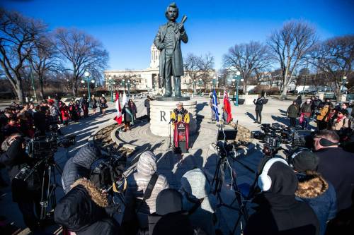 MIKAELA MACKENZIE / WINNIPEG FREE PRESS
                                MMF president David Chartrand delivers remarks to Metis citizens (after the introduction of legislation naming Louis Riel as the honorary first premier of Manitoba was announced) in front of the Louis Riel statue at the legislative building.