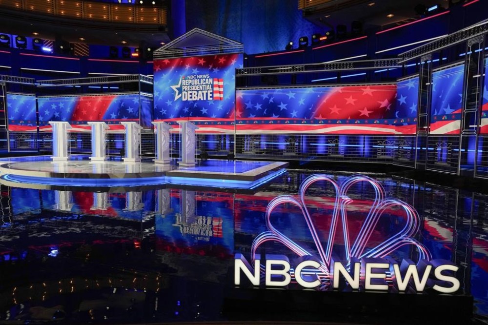 The stage is set, Tuesday, Nov. 7, 2023, for the third Republican presidential debate in Miami. Five hopefuls will participate in the debate at the Adrienne Arsht Center for the Performing Arts of Miami-Dade County, according to the Republican National Committee. They are Florida Gov. Ron DeSantis, businessman Vivek Ramaswamy, former U.N. Ambassador Nikki Haley, Sen. Tim Scott, R-S.C., and former New Jersey Gov. Chris Christie. (AP Photo/Rebecca Blackwell)