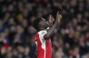 Arsenal's Bukayo Saka celebrates after scoring his side's 2nd goal during the Champions League Group B soccer match between Arsenal and Sevilla at Emirates stadium in London Wednesday, Nov. 8, 2023. (AP Photo/Kirsty Wigglesworth)