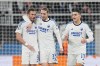 FC Copenhagen's Diogo Gonçalves, left, celebrates with teammates Rasmus Falk, center, and Mohamed Elyounoussi, right, after scoring his side's second goal by penalty during the Champions League Group A soccer match between FC Copenhagen and Manchester United in Copenhagen, Denmark, Wednesday, Nov. 8, 2023. (Liselotte Sabroe/Ritzau Scanpix via AP)
