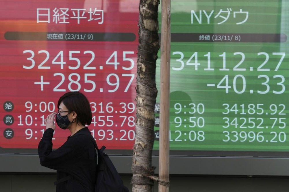 A person walks past an electronic stock board showing Japan's Nikkei 225 and New York Dow indexes at a securities firm Thursday, Nov. 9, 2023, in Tokyo. Shares have fallen in Asia after a another mixed close as Wall Street recalibrates following recent big swings. (AP Photo/Eugene Hoshiko)