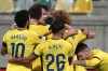 Villarreal's Alexander Sorloth, center, celebrates with his teammates after scoring against Maccabi during the Europa League group F soccer match between Maccabi Haifa and Villarreal, at AEK arena stadium in Larnaca, Cyprus, on Thursday, Nov. 9, 2023. (AP Photo/Petros Karadjias)