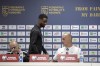 Israeli captain Eli Dasa, center, joins the head coach Alon Hazan during a press conference before the training session for the Euro 2024 group I qualifying soccer match between Kosovo and Israel at the Fadil Vokrri stadium in Pristina, Kosovo, Saturday, Nov. 11, 2023. (AP Photo/Visar Kryeziu)