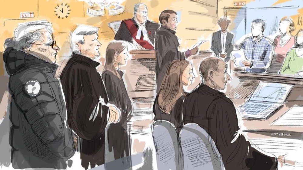 Peter Nygard, who once led a women's fashion empire, was found guilty of four counts of sexual assault on Sunday but was acquitted of a fifth count, plus a charge of forcible confinement. Clockwise, from left, Nygard, defence councel Brian Greenspan, co-councel Michelle Biddulph, Justice Robert Goldstein, registrar, jury, Crown Councel Neville Golwalla and fellow Crown Councel Ana Serban, are seen in a Toronto court as the verdict was read in a courtroom sketch made Sunday, Nov. 12, 2023. THE CANADIAN PRESS/Alexandra Newbould